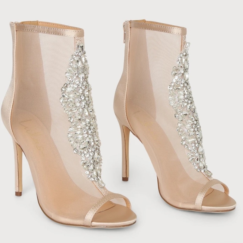 Lulus Hanakun Rose Gold Satin Rhinestone Peep-Toe Booties